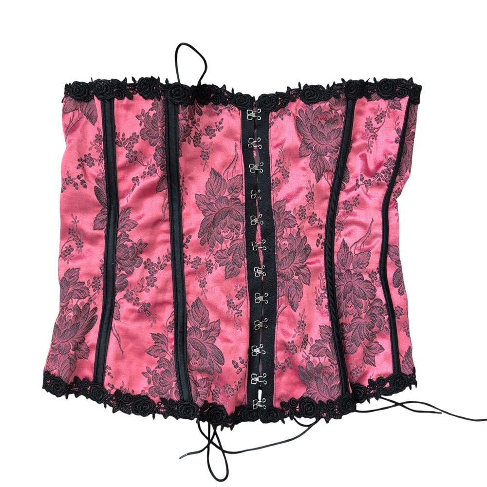Vintage Y2K Intimate Pink Black Floral Brocade Lace Corset Top 42 Coquette Goth